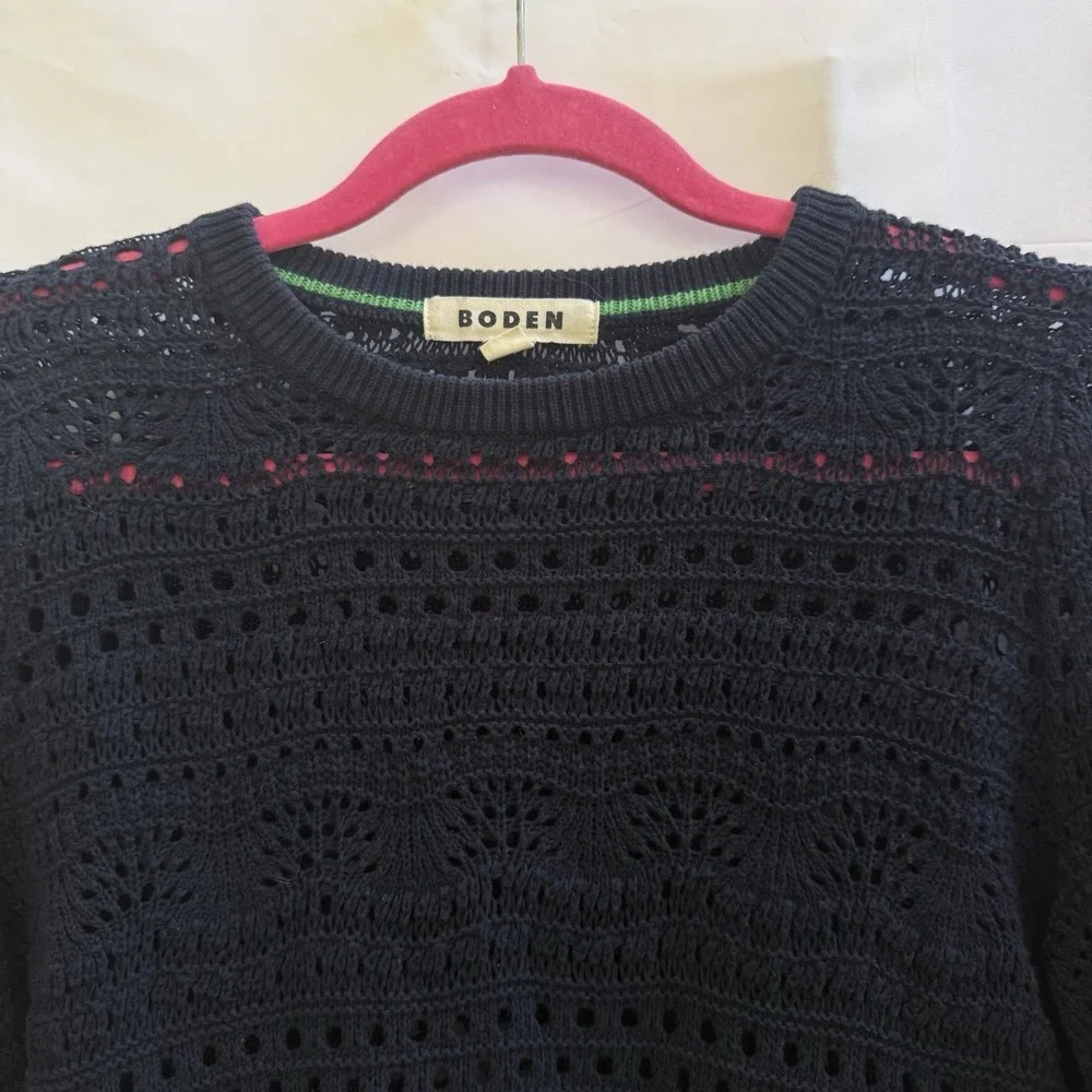 Boden Womens M Crochet Knit Fringe Crop Top Navy Blue Cotton Boho Swim Cover